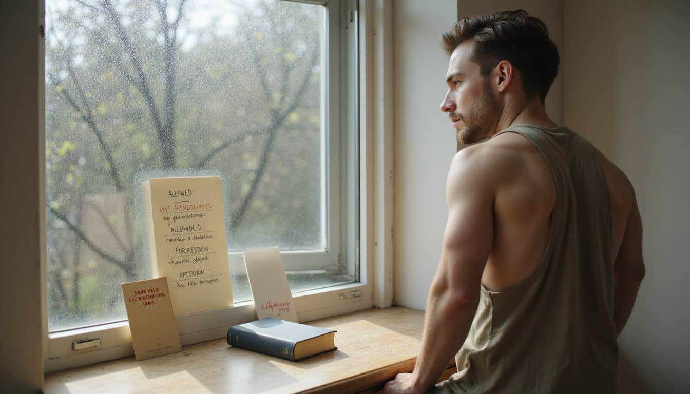 A person standing by a window with a desk displaying a list of activities, safe word card, and book. A person standing by a window with a desk displaying a list of activities, safe word card, and book.