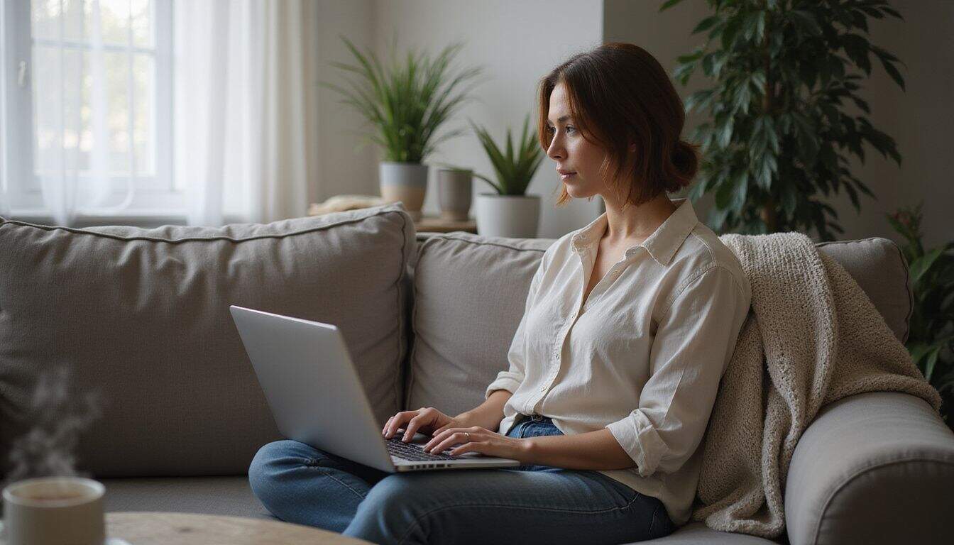 A woman browses a hotwife dating site on her laptop in a cozy, familiar living room. A woman browses a hotwife dating site on her laptop in a cozy, familiar living room.