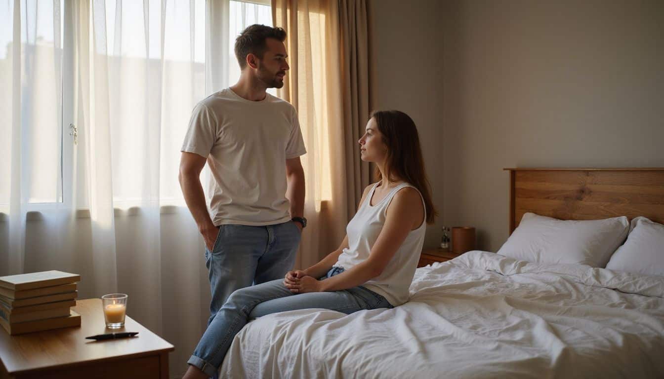 A couple sits in a neat bedroom, surrounded by books and a flickering candle. A couple sits in a neat bedroom, surrounded by books and a flickering candle.