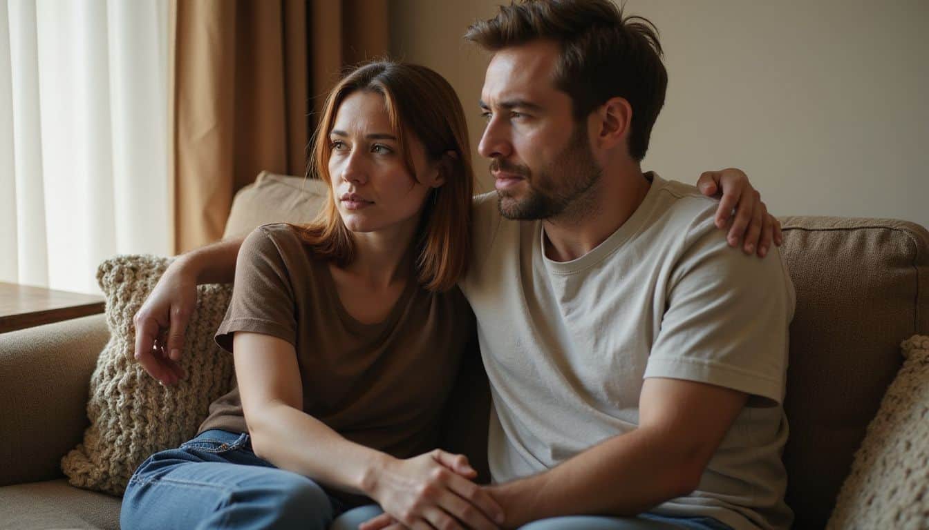 A man and woman sit closely on a couch, engaged in a deep and intimate conversation. A man and woman sit closely on a couch, engaged in a deep and intimate conversation.