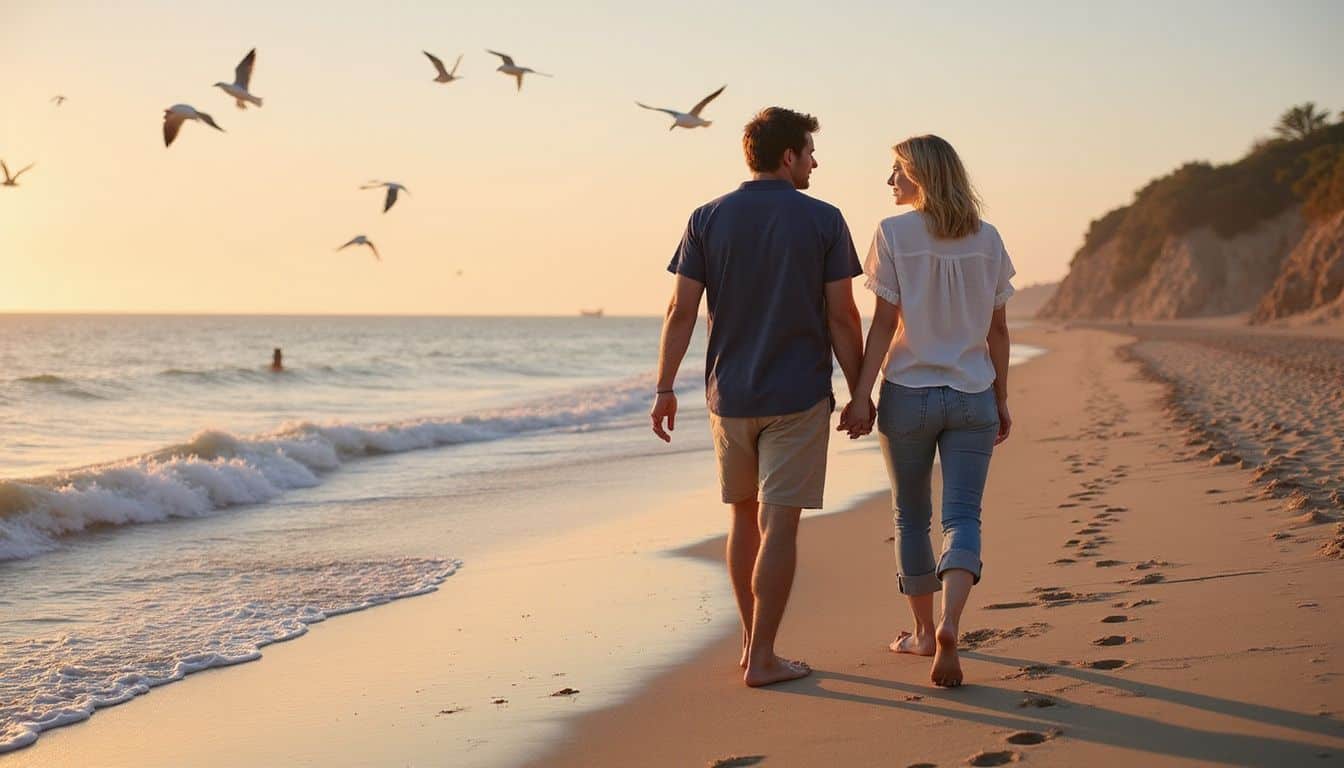 A couple walks on a serene beach at sunset, leaving footprints in the sand. A couple walks on a serene beach at sunset, leaving footprints in the sand.