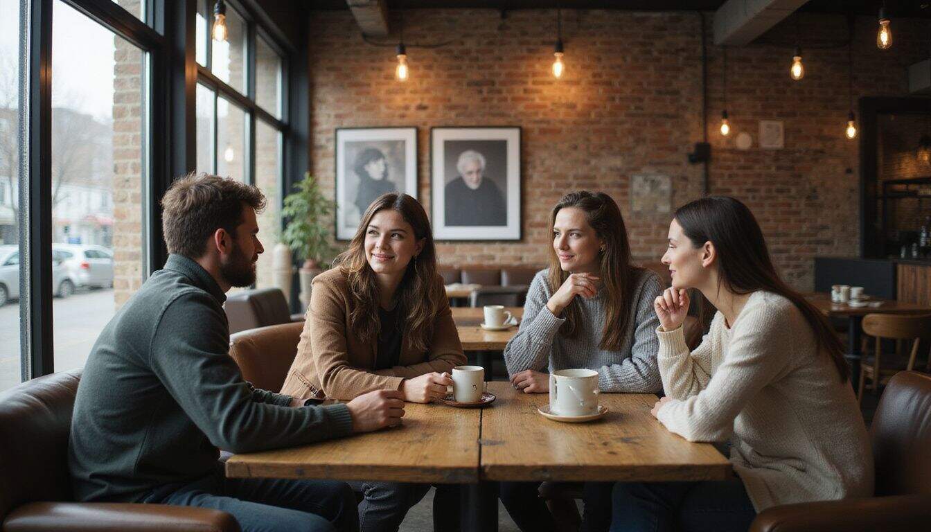 A diverse group of people in a warmly lit coffee shop discuss hotwife interests and ethical non-monogamy. A diverse group of people in a warmly lit coffee shop discuss hotwife interests and ethical non-monogamy.