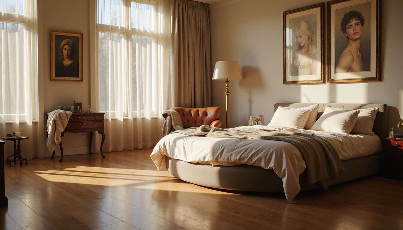 A sunlit, intimate playroom with a luxurious bed, sensual artwork, and inviting textures. A sunlit, intimate playroom with a luxurious bed, sensual artwork, and inviting textures.