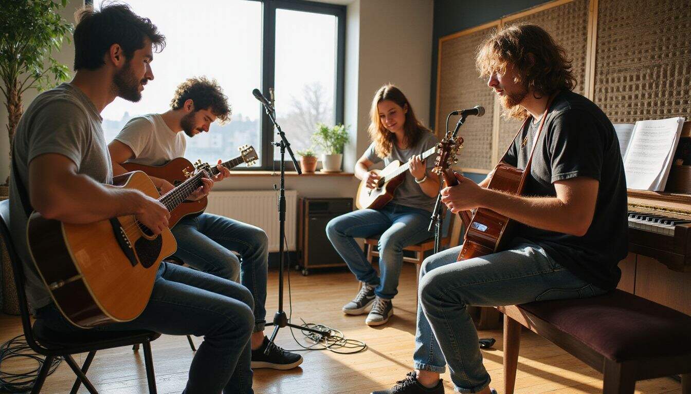 A group of young musicians in a modern recording studio, immersed in creative collaboration. A group of young musicians in a modern recording studio, immersed in creative collaboration.