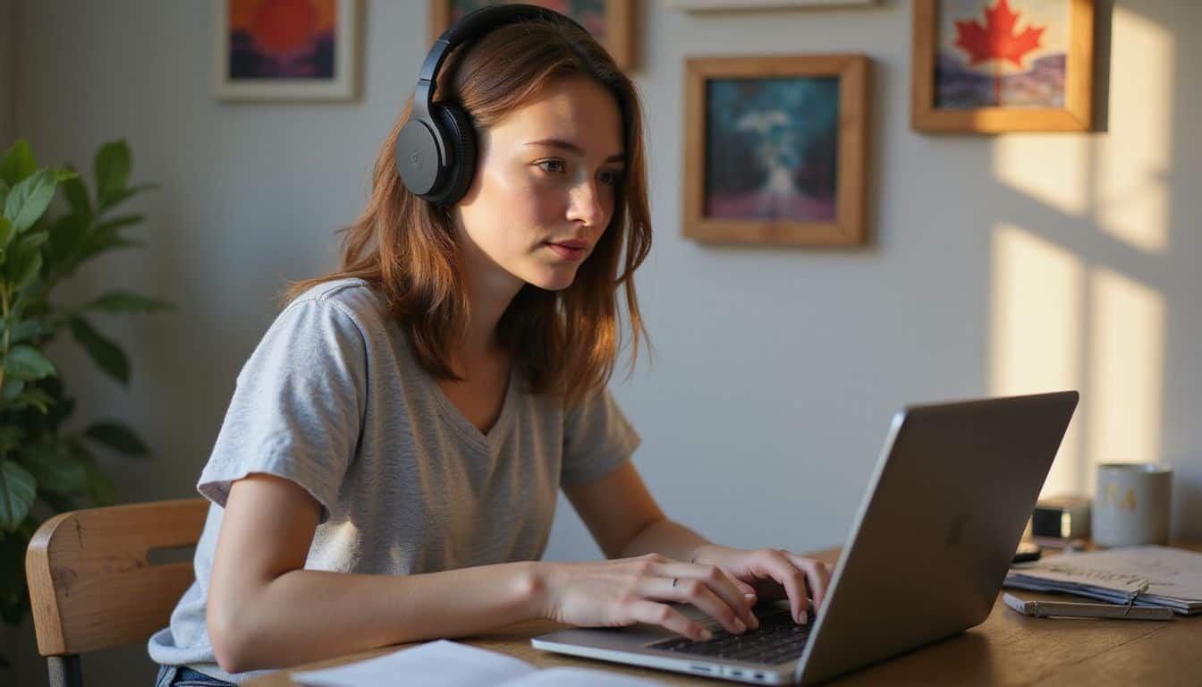 A young woman sits at a wooden desk with a laptop and headphones, surrounded by artwork. A young woman sits at a wooden desk with a laptop and headphones, surrounded by artwork.