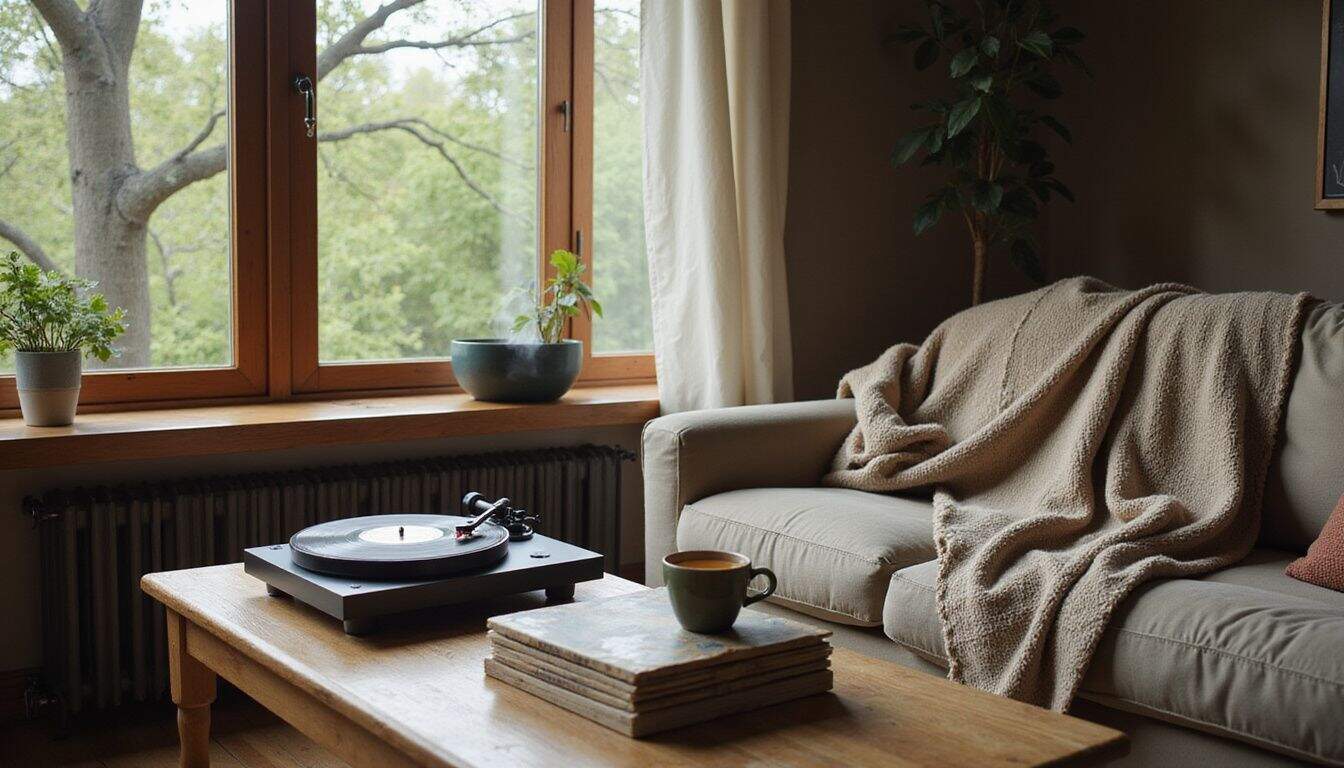 A cozy living room with a modern record player, vinyl collection, and a relaxed, serene atmosphere. A cozy living room with a modern record player, vinyl collection, and a relaxed, serene atmosphere.