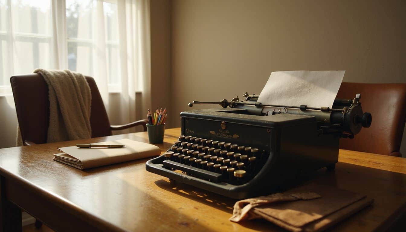 A sunlit home office with a vintage typewriter, stationery, and a cozy leather chair. A sunlit home office with a vintage typewriter, stationery, and a cozy leather chair.