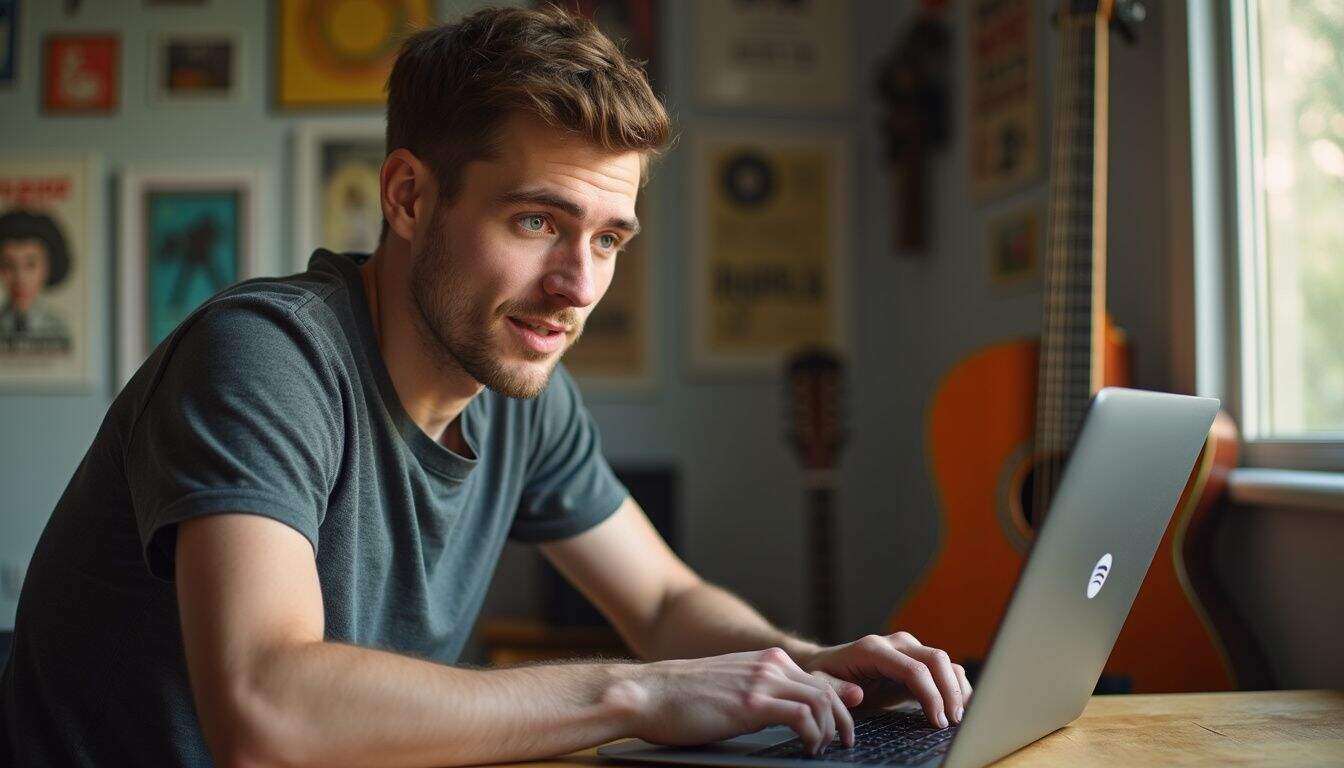 A young man, excitedly viewing his verified Spotify for Artists profile on a laptop in a cozy room. A young man, excitedly viewing his verified Spotify for Artists profile on a laptop in a cozy room.