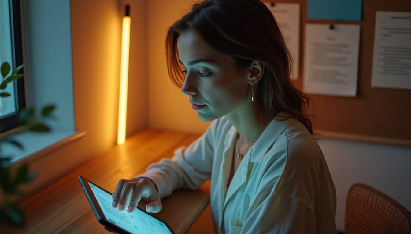 A woman in her mid-30s, focused on her tablet, surrounded by music and album-related items in a cozy, creative workspace. A woman in her mid-30s, focused on her tablet, surrounded by music and album-related items in a cozy, creative workspace.