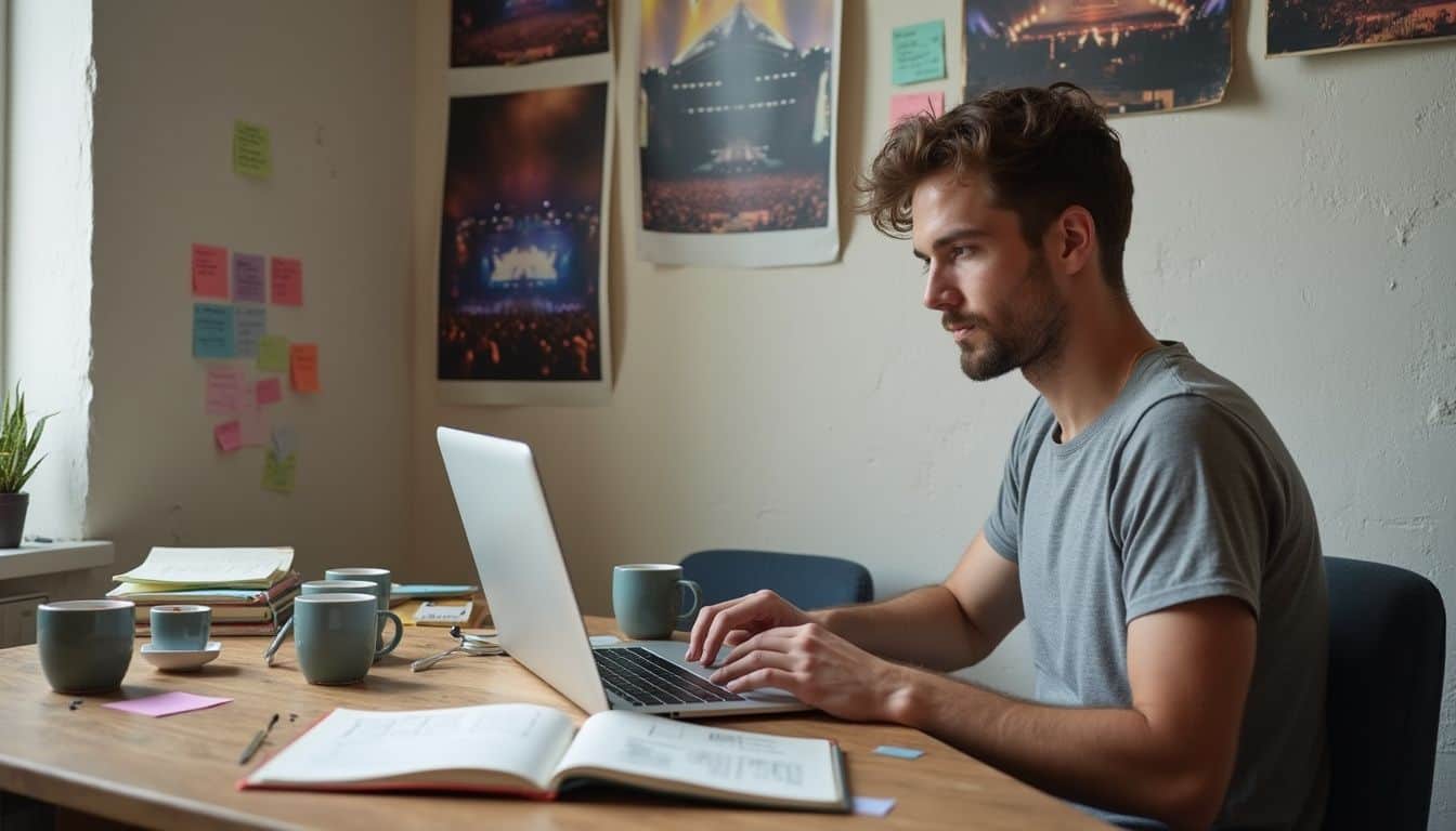 A young man works at a cluttered desk, focused on his laptop and surrounded by notebooks and coffee mugs. A young man works at a cluttered desk, focused on his laptop and surrounded by notebooks and coffee mugs.