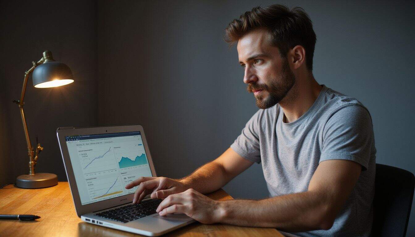 A man in his 30s sits at a wooden desk, analyzing Spotify analytics on his laptop. A man in his 30s sits at a wooden desk, analyzing Spotify analytics on his laptop.