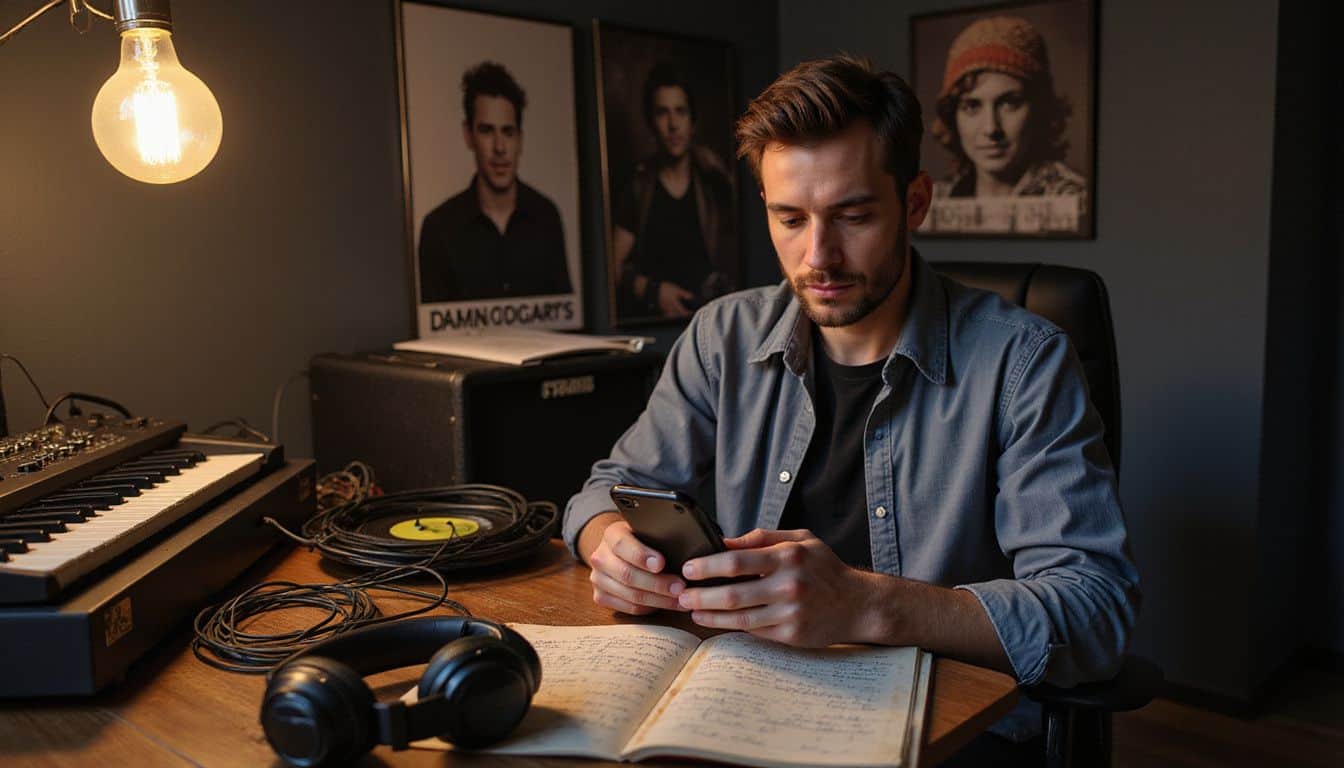 A musician sits at a cluttered desk, working on his Spotify profile. A musician sits at a cluttered desk, working on his Spotify profile.