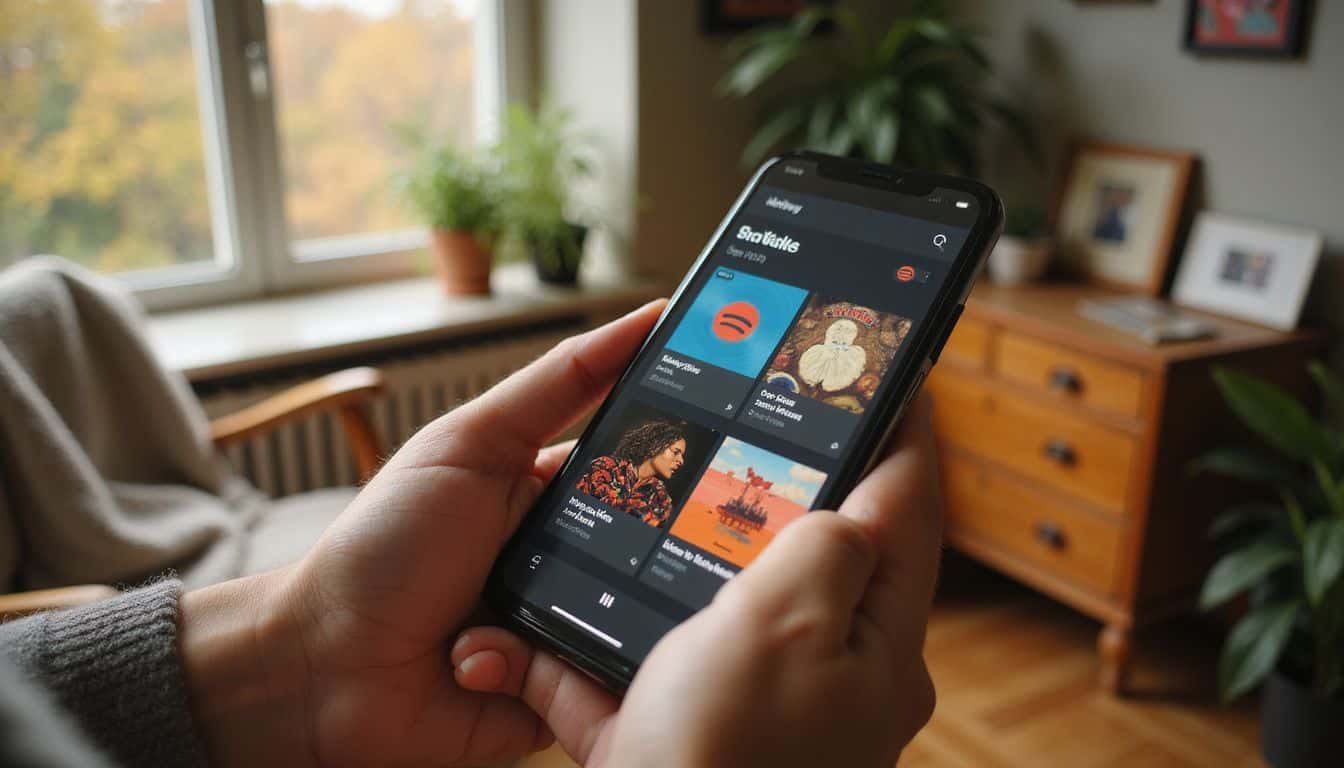 A close-up photo of a smartphone displaying three pinned songs on a Spotify profile, held by someone in a cozy living room. A close-up photo of a smartphone displaying three pinned songs on a Spotify profile, held by someone in a cozy living room.