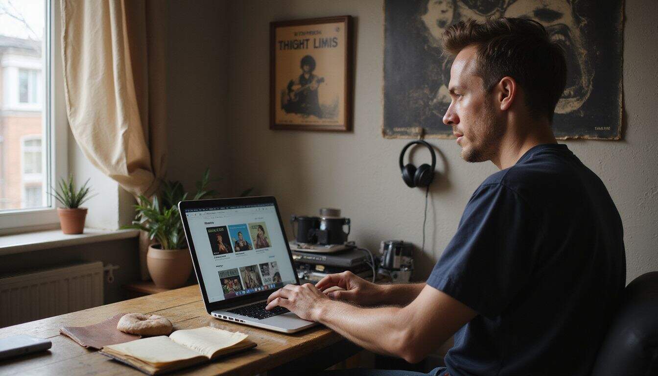 A musician working on a laptop in a cozy, sunlit home studio. A musician working on a laptop in a cozy, sunlit home studio.