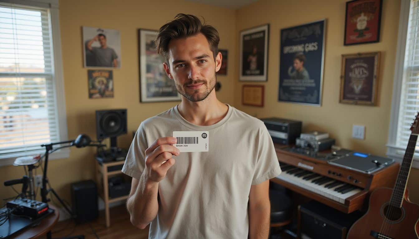 A musician stands confidently in a home studio holding a business card with a Spotify Code. A musician stands confidently in a home studio holding a business card with a Spotify Code.