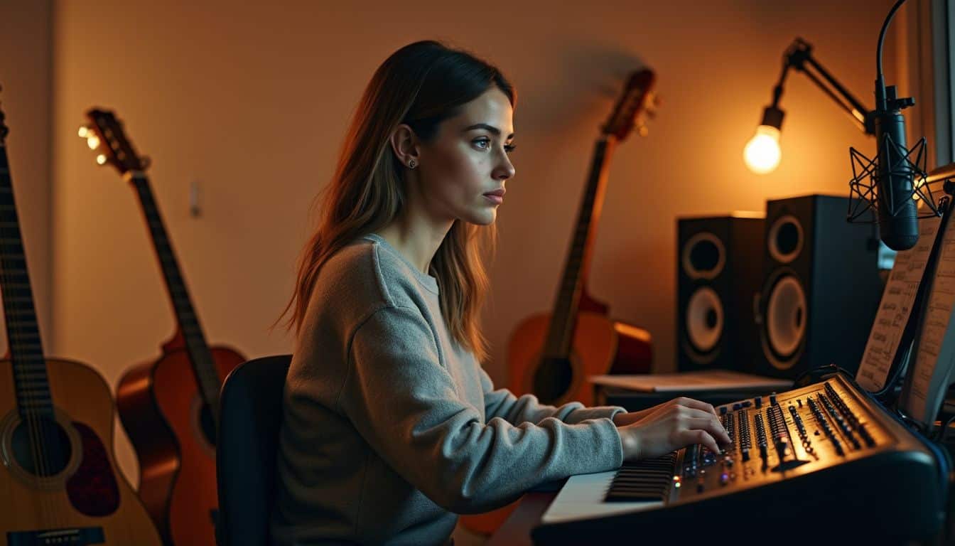 A focused woman works in a home music studio late at night. A focused woman works in a home music studio late at night.