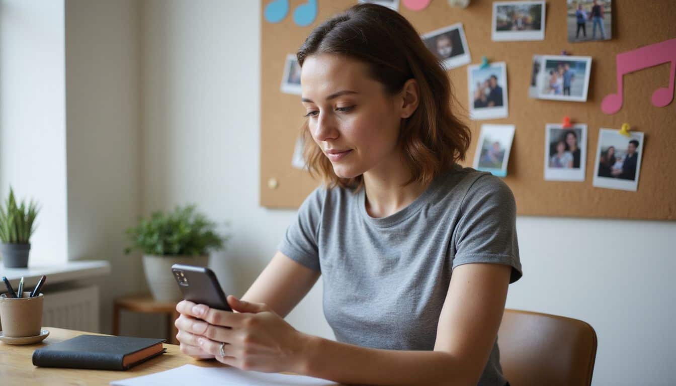 A focused woman in her late 20s sitting at a desk, posting an Instagram story. A focused woman in her late 20s sitting at a desk, posting an Instagram story.