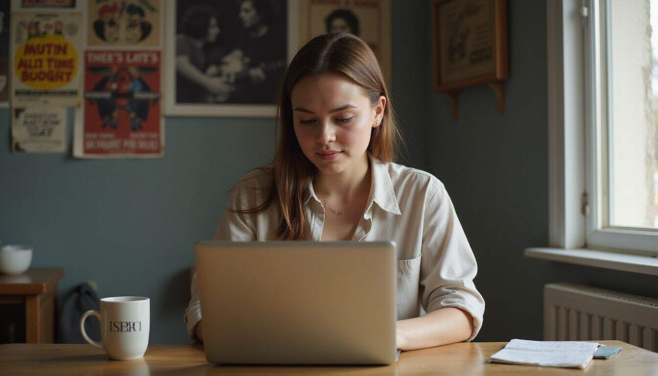 A focused woman works on her laptop in a cozy home office surrounded by music posters. A focused woman works on her laptop in a cozy home office surrounded by music posters.