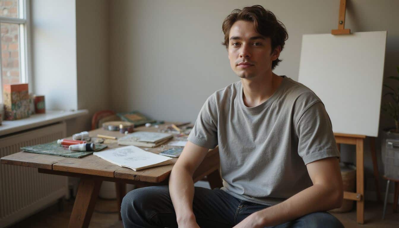 A young artist sits in a cozy studio with art supplies and an unfinished canvas. A young artist sits in a cozy studio with art supplies and an unfinished canvas.