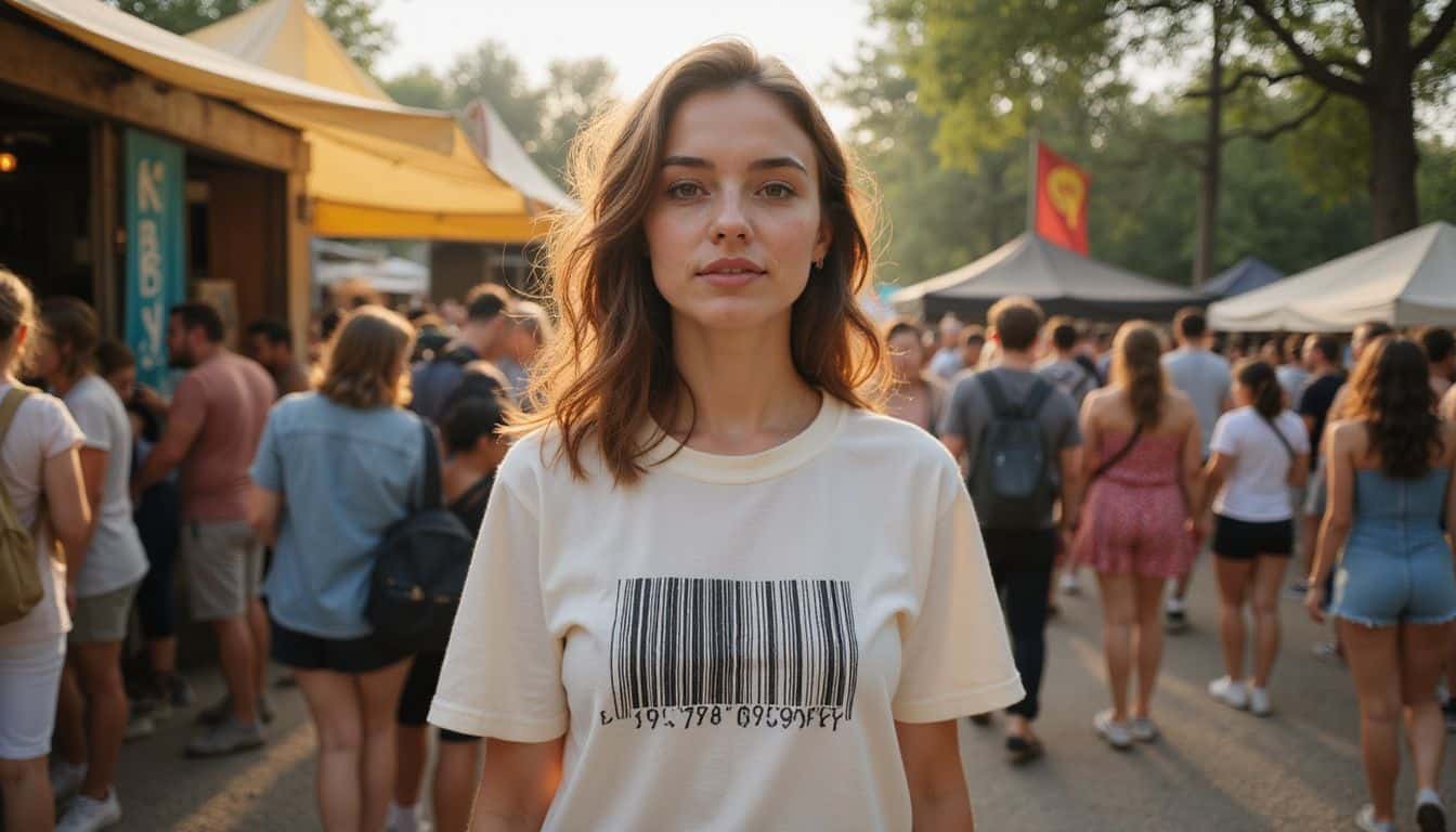A woman at a music festival with a Spotify Code on her shirt. A woman at a music festival with a Spotify Code on her shirt.