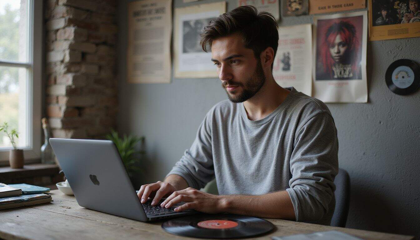 A young man sits at a cluttered desk, working on a laptop in a music-filled environment. A young man sits at a cluttered desk, working on a laptop in a music-filled environment.