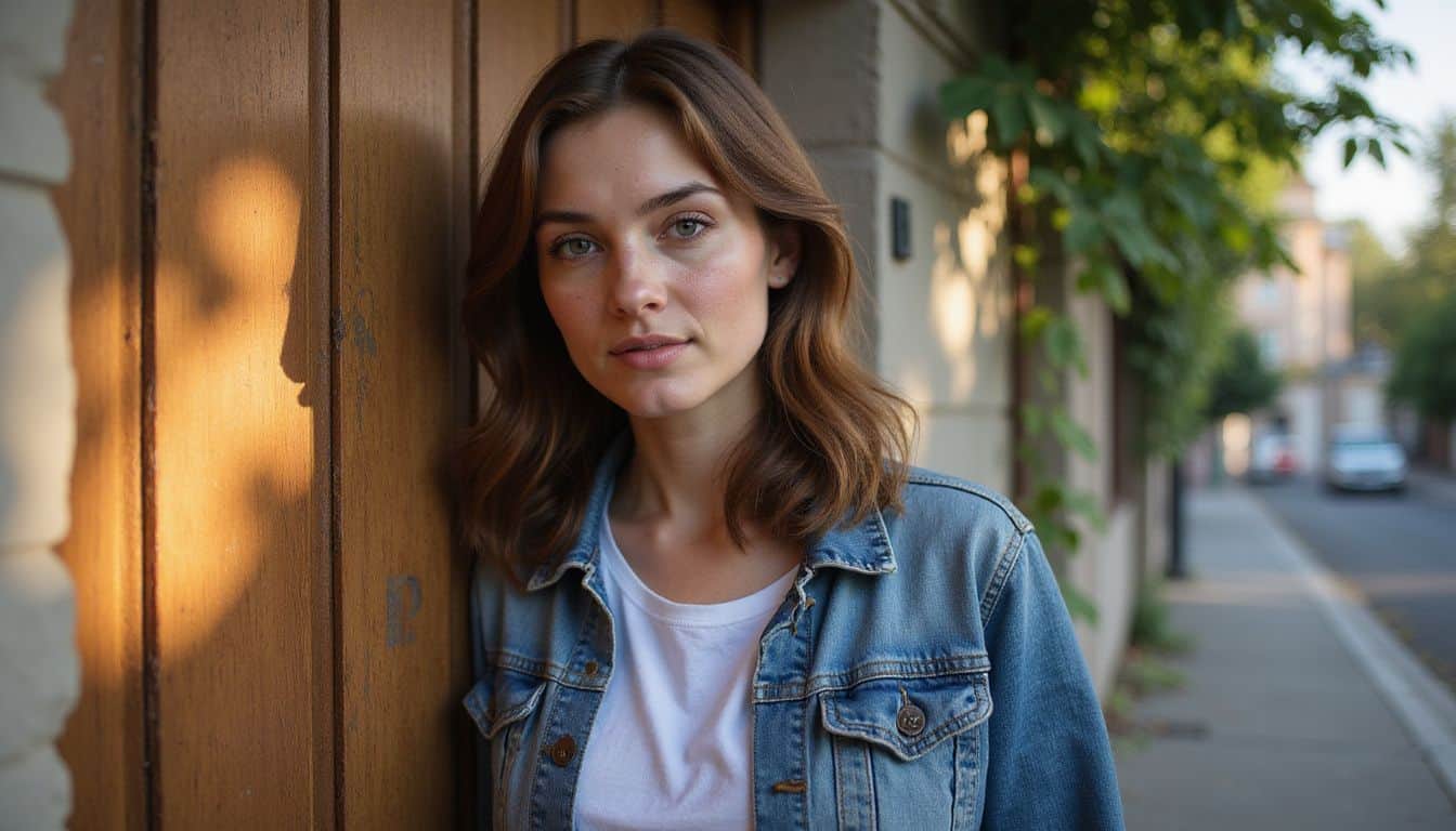A woman in her 30s standing beside a weathered wooden door, looking contemplative in warm late afternoon sunlight. A woman in her 30s standing beside a weathered wooden door, looking contemplative in warm late afternoon sunlight.