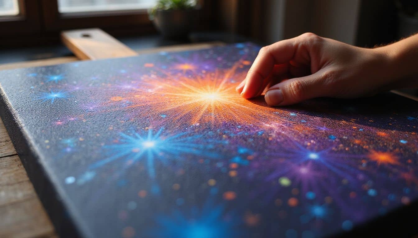 A close-up photo of a vibrant, swirling galaxy painting on canvas, with rich colors and fine details. A close-up photo of a vibrant, swirling galaxy painting on canvas, with rich colors and fine details.