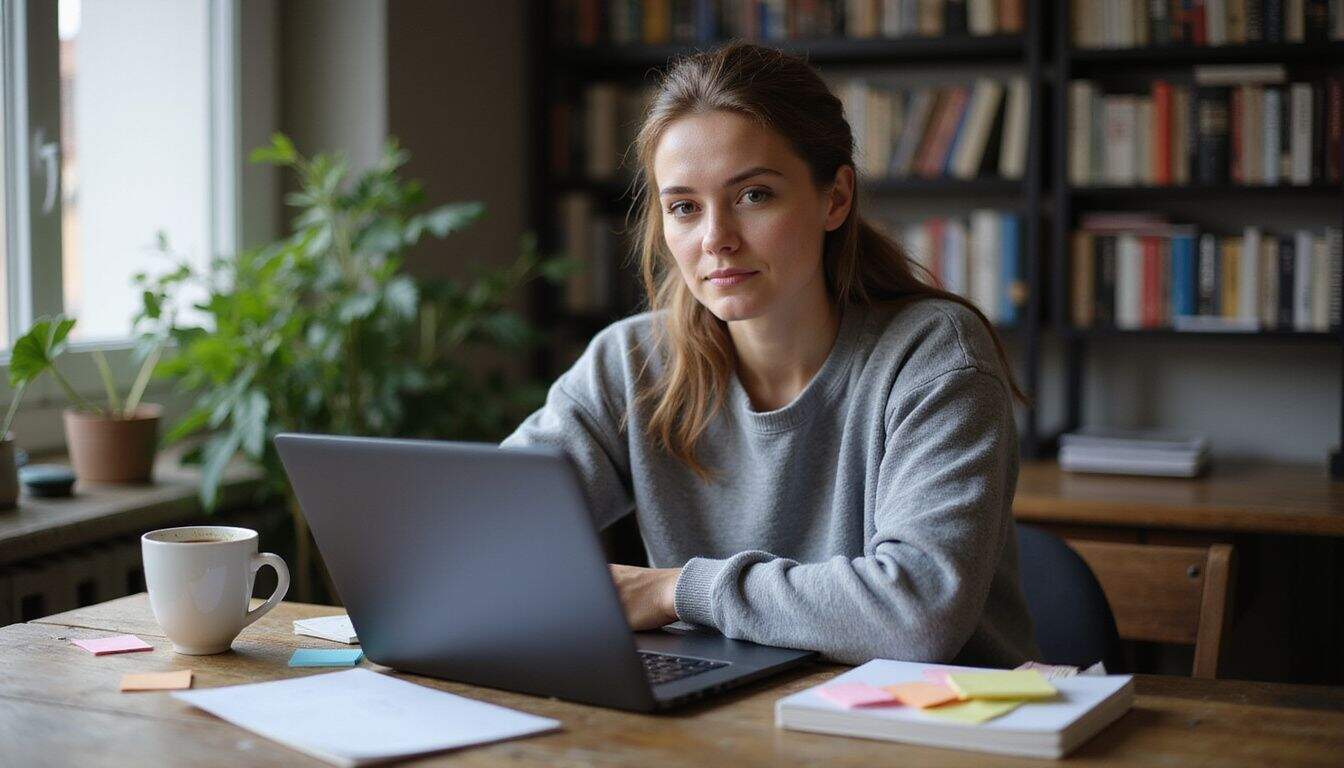 A woman in her mid-30s, wearing a gray sweatshirt, works at a cluttered desk with a laptop and coffee cup. A woman in her mid-30s, wearing a gray sweatshirt, works at a cluttered desk with a laptop and coffee cup.