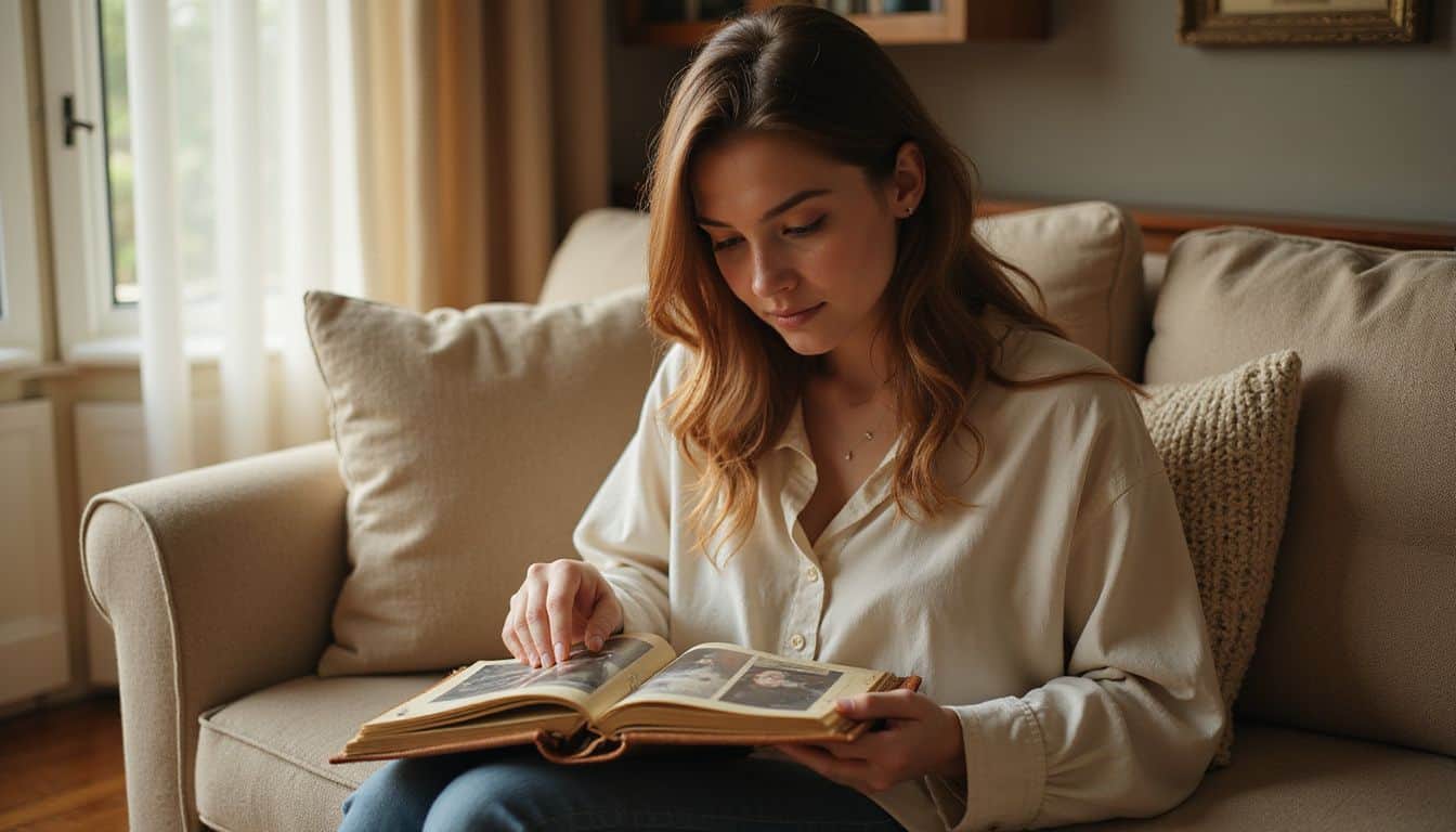 A young woman sits on a cream-colored sofa, looking through a photo album with a nostalgic and joyful expression. A young woman sits on a cream-colored sofa, looking through a photo album with a nostalgic and joyful expression.