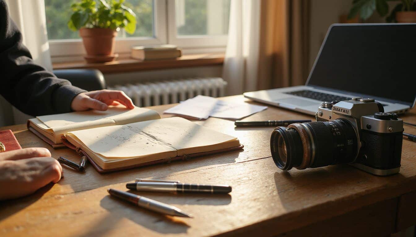 An oak desk cluttered with notebooks, pens, a laptop, and a vintage camera in natural sunlight. An oak desk cluttered with notebooks, pens, a laptop, and a vintage camera in natural sunlight.