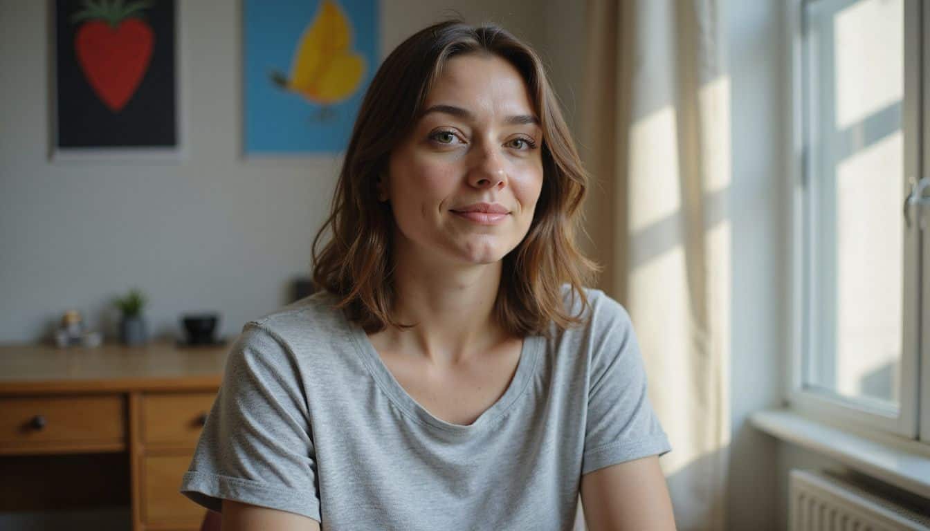 A woman in her mid-30s records a YouTube video in a well-lit home studio. A woman in her mid-30s records a YouTube video in a well-lit home studio.
