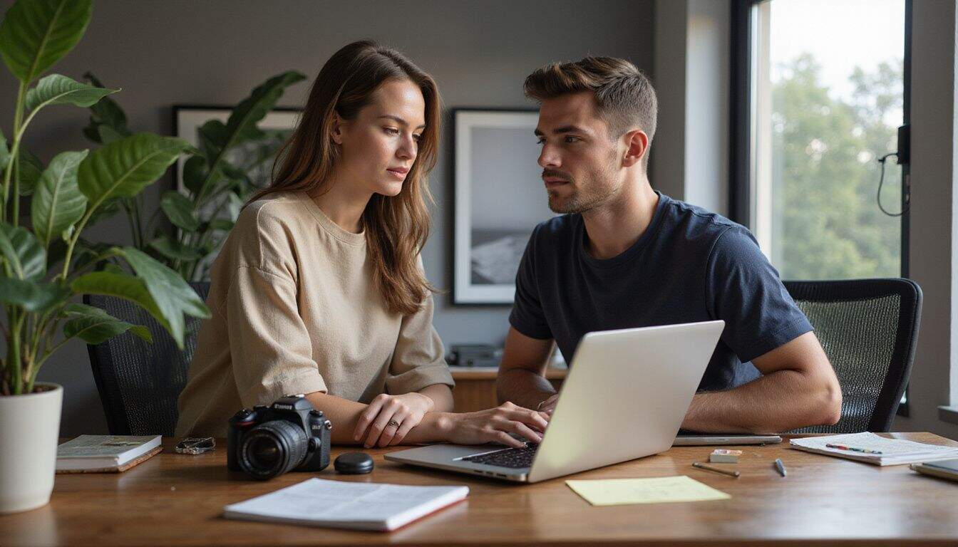 Two young professionals collaborating in a modern home office, surrounded by technology and creative tools. Two young professionals collaborating in a modern home office, surrounded by technology and creative tools.