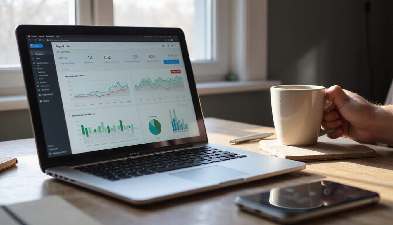 A cluttered wooden desk with a laptop displaying YouTube analytics, a half-full coffee mug, notebooks, and a smartphone. A cluttered wooden desk with a laptop displaying YouTube analytics, a half-full coffee mug, notebooks, and a smartphone.