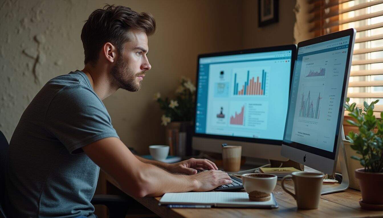 A man is seated at a cluttered desk, focused on analyzing YouTube and SEO data.