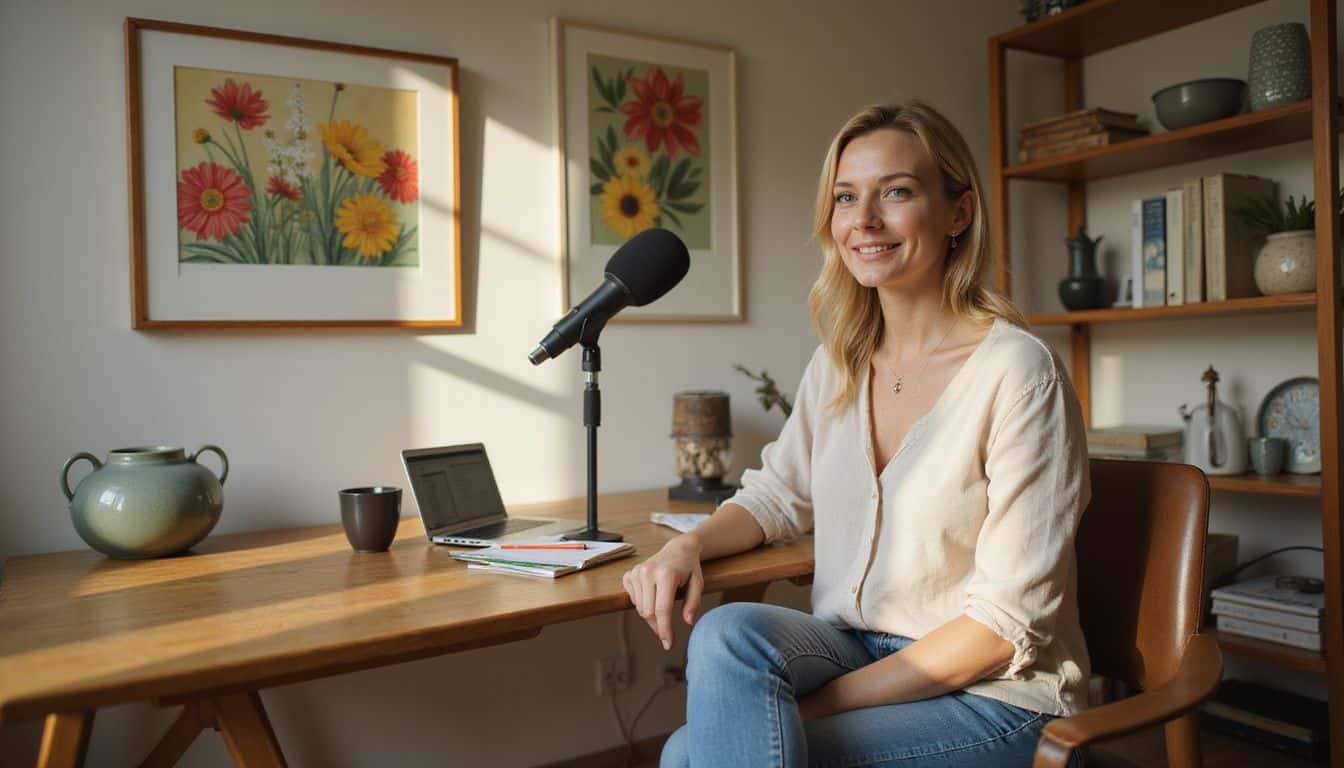 A woman in her 30s speaking into a professional microphone in a home office. A woman in her 30s speaking into a professional microphone in a home office.