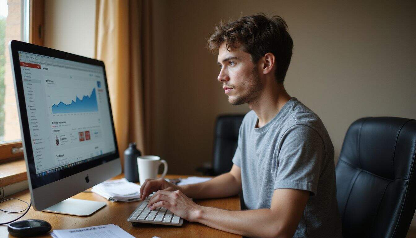 A young adult works diligently at a cluttered desk, analyzing YouTube video data on a computer screen. A young adult works diligently at a cluttered desk, analyzing YouTube video data on a computer screen.
