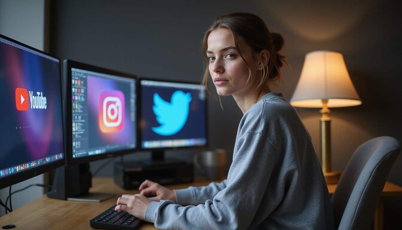 A young woman is seated at a desk with multiple computer monitors displaying social media platforms. A young woman is seated at a desk with multiple computer monitors displaying social media platforms.