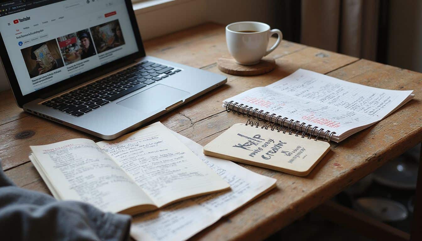 A cluttered desk with an open laptop, notebooks, calendar, and coffee cup, showcasing a content creator's workspace. A cluttered desk with an open laptop, notebooks, calendar, and coffee cup, showcasing a content creator's workspace.