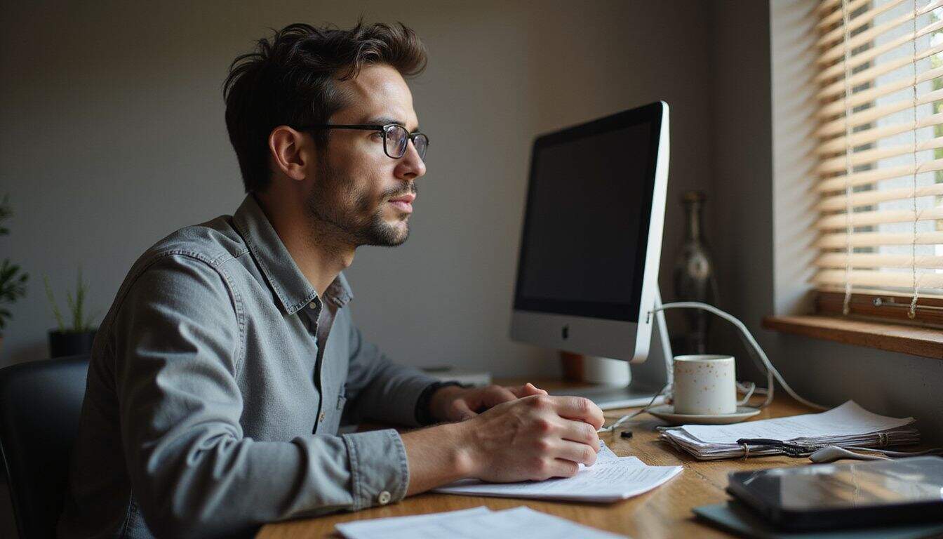 A man in his 30s is working diligently at a cluttered desk in his home office. A man in his 30s is working diligently at a cluttered desk in his home office.