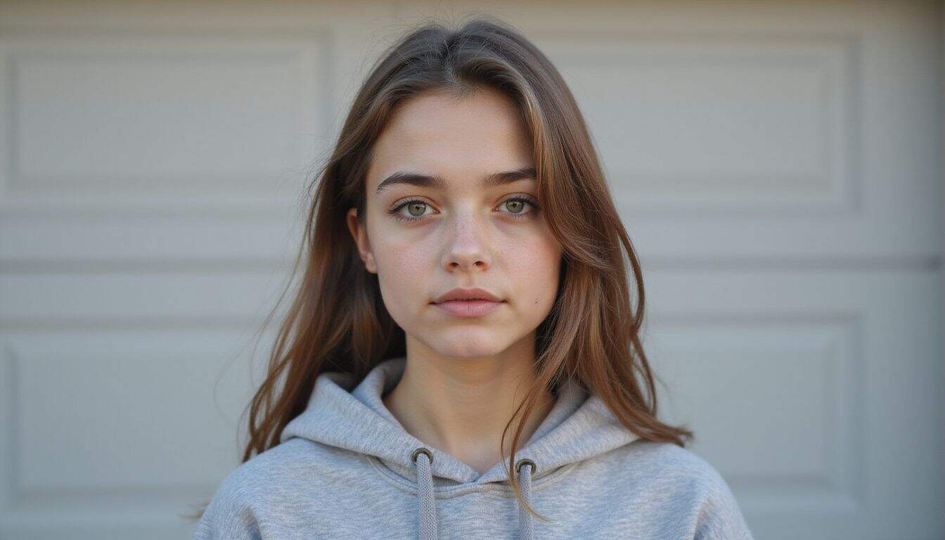 A teenage girl in a hoodie with a thoughtful expression in front of a neutral backdrop. A teenage girl in a hoodie with a thoughtful expression in front of a neutral backdrop.