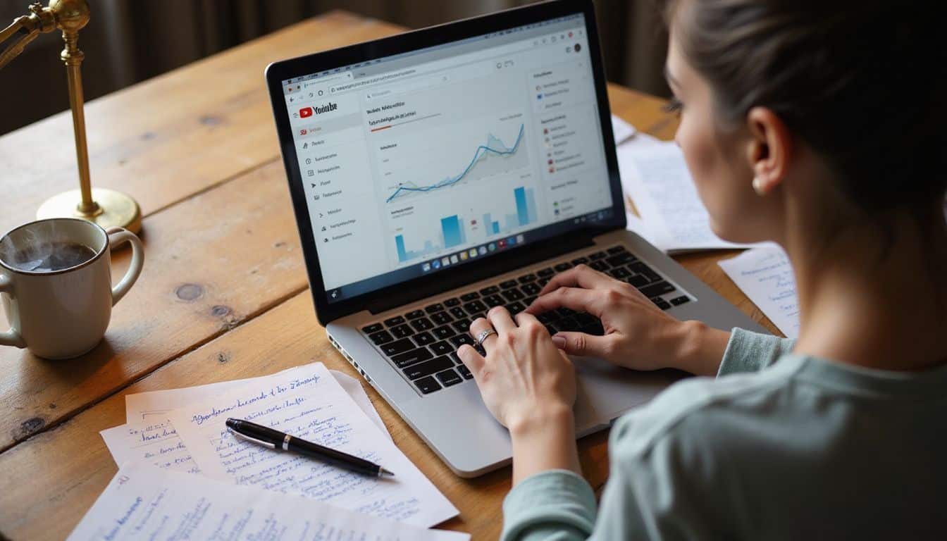 A woman working at her desk, typing on a laptop and reviewing YouTube analytics. A woman working at her desk, typing on a laptop and reviewing YouTube analytics.
