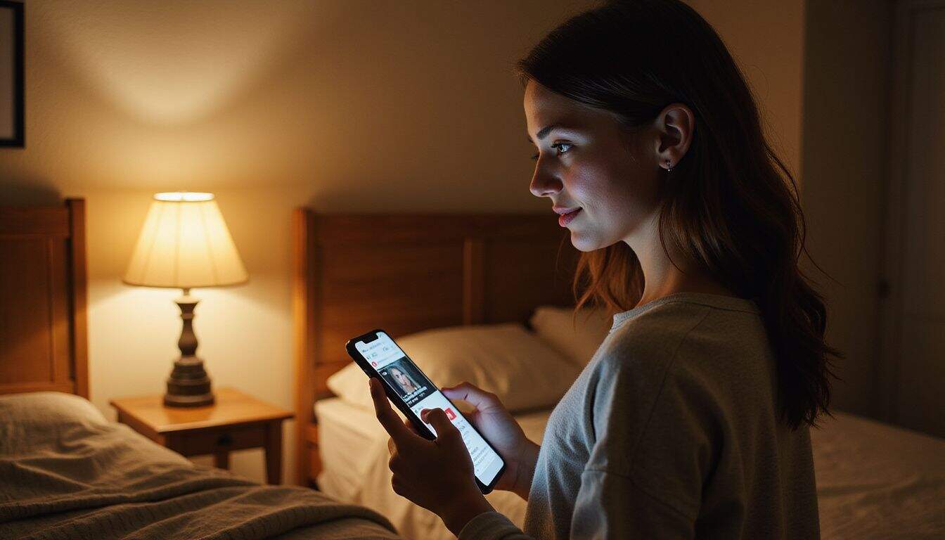 A young woman standing in her bedroom, smiling at her phone while watching a YouTube video. A young woman standing in her bedroom, smiling at her phone while watching a YouTube video.