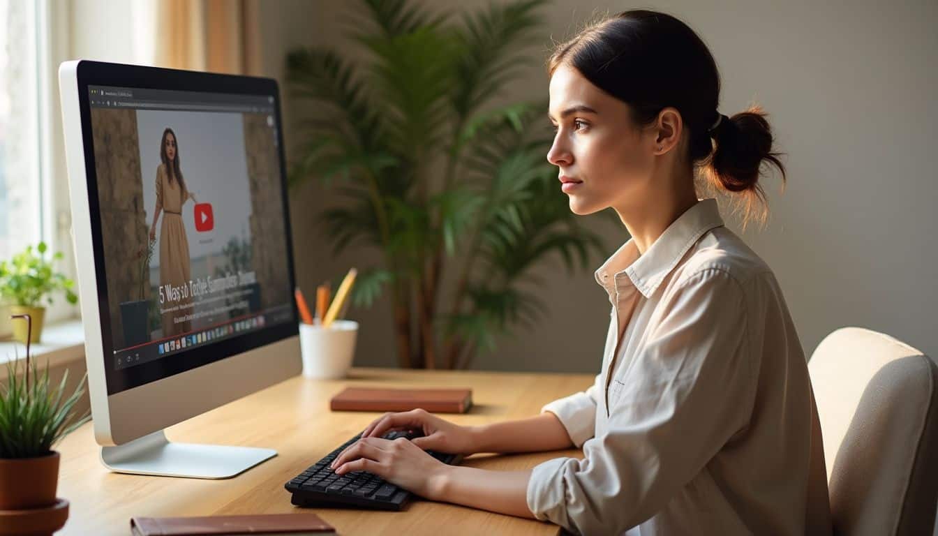 A woman sits at an organized desk, watching a YouTube video on summer dress styling. A woman sits at an organized desk, watching a YouTube video on summer dress styling.