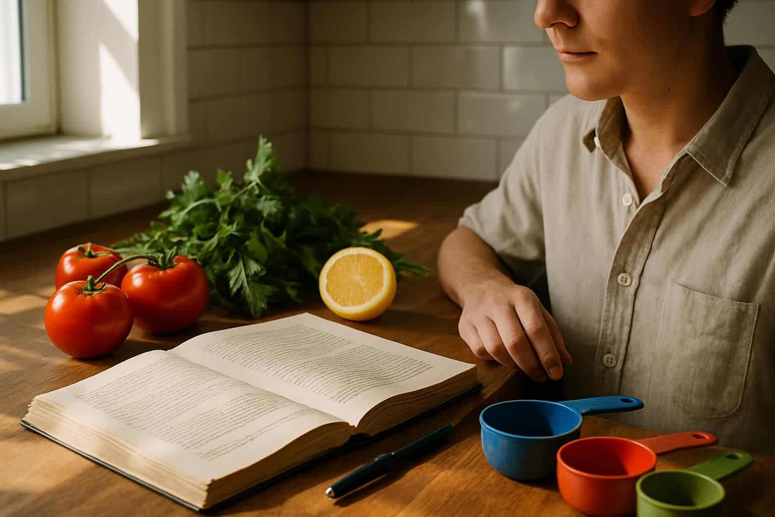 A cozy kitchen scene features fresh ingredients, an open cookbook, and a person preparing to cook. A cozy kitchen scene features fresh ingredients, an open cookbook, and a person preparing to cook.