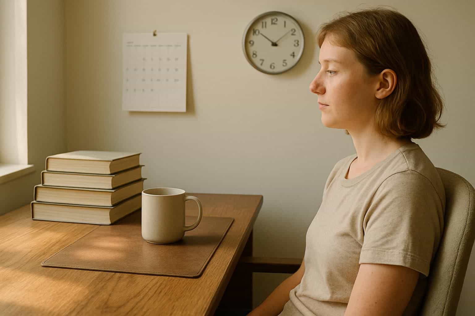 A serene study corner features a polished desk with books, a mug, a calendar, and a thoughtful individual. A serene study corner features a polished desk with books, a mug, a calendar, and a thoughtful individual.