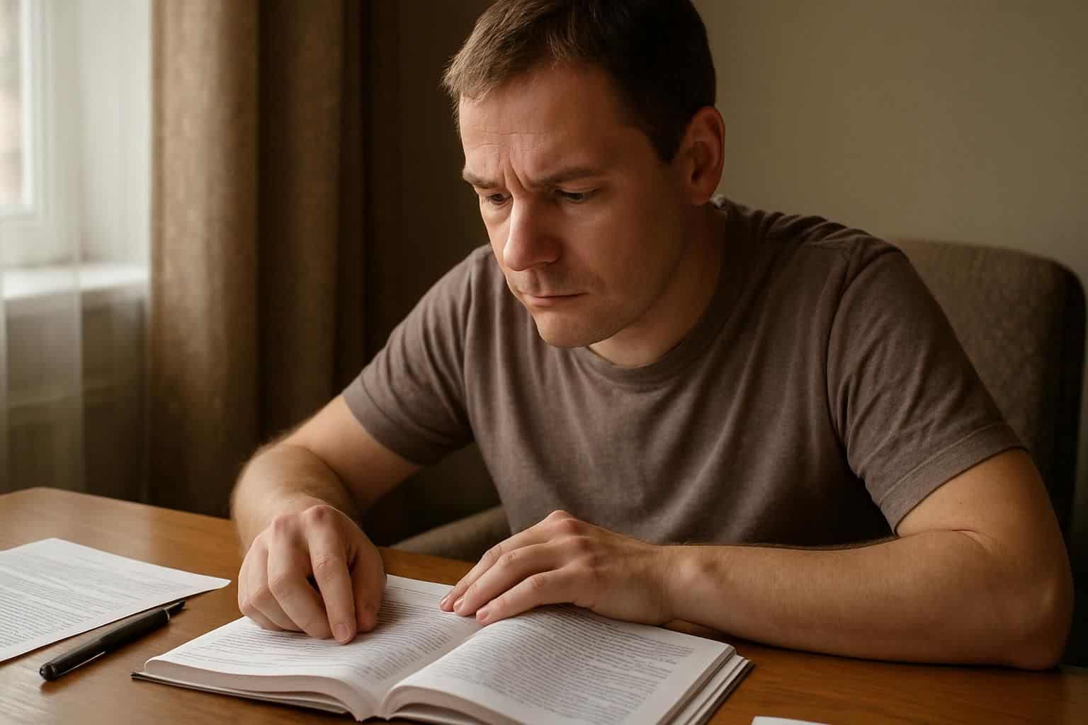 A focused adult studies intently at a wooden desk, surrounded by papers and a comfortable atmosphere. A focused adult studies intently at a wooden desk, surrounded by papers and a comfortable atmosphere.