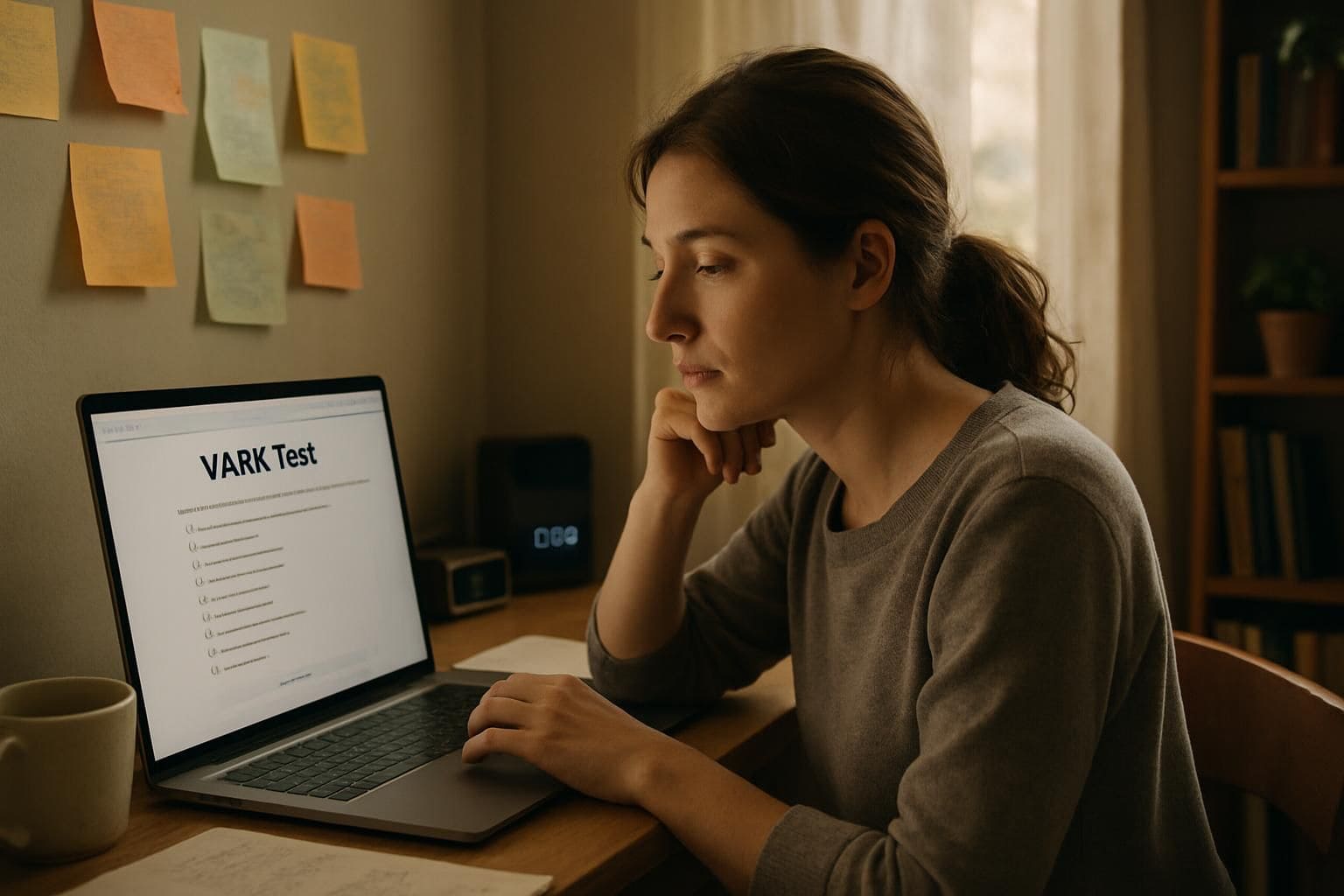 A woman in her 30s sits at a desk, focused on a laptop displaying an online VARK test. A woman in her 30s sits at a desk, focused on a laptop displaying an online VARK test.
