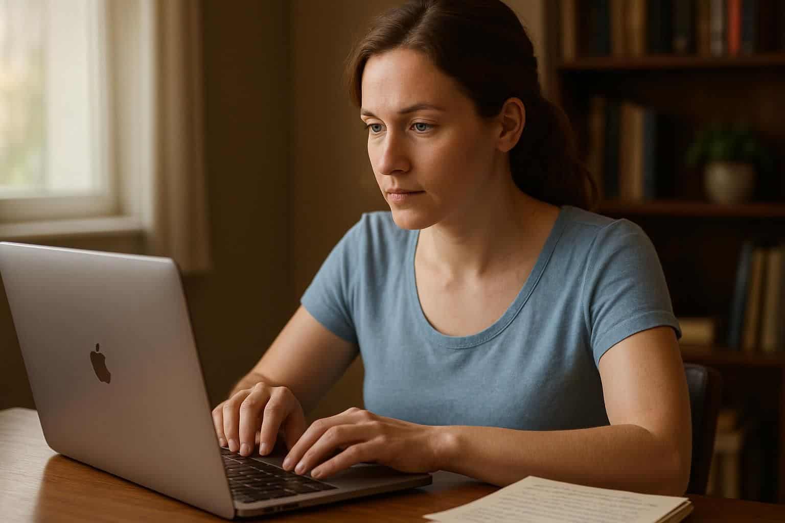 A woman in her 30s types on a laptop in a cozy home office, surrounded by notes and books. A woman in her 30s types on a laptop in a cozy home office, surrounded by notes and books.