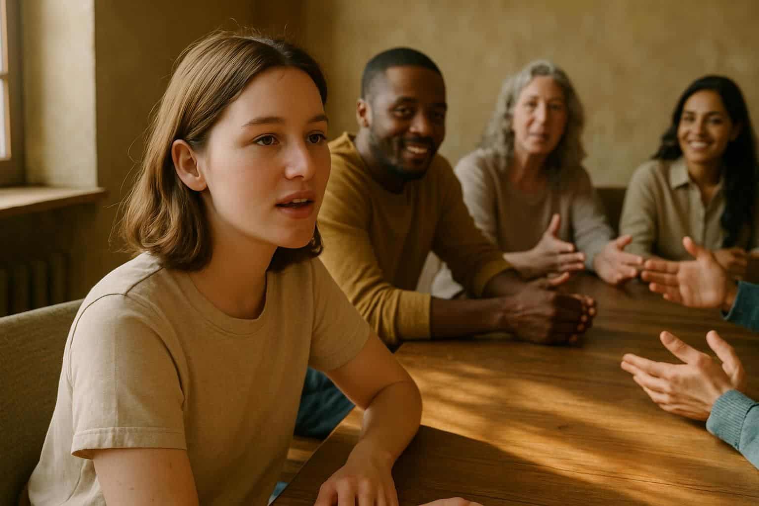 A young woman engages thoughtfully in a vibrant, collaborative workshop with a diverse group of individuals. A young woman engages thoughtfully in a vibrant, collaborative workshop with a diverse group of individuals.