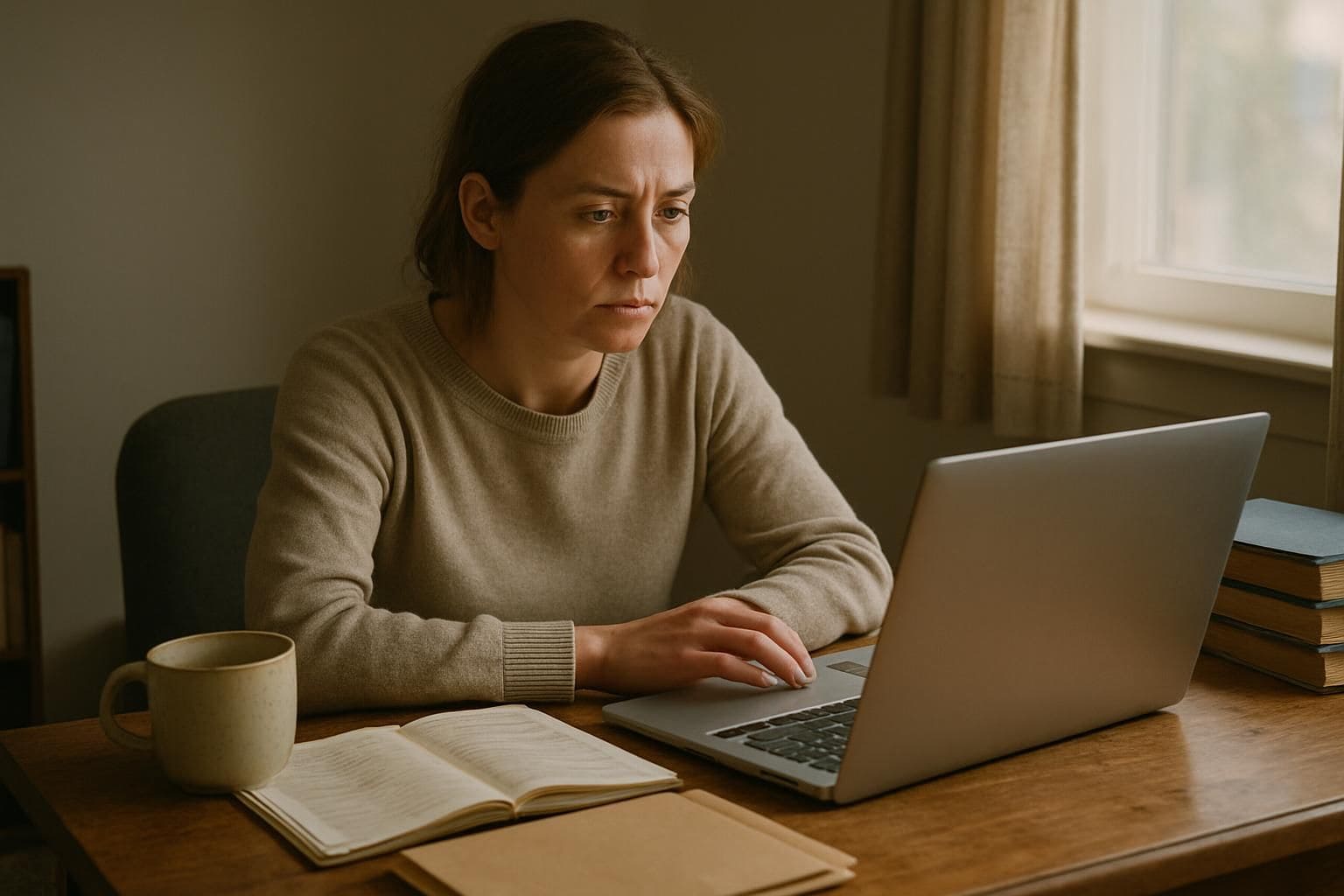 A determined woman focuses on her laptop at a modest home office desk filled with worn books and notes. A determined woman focuses on her laptop at a modest home office desk filled with worn books and notes.